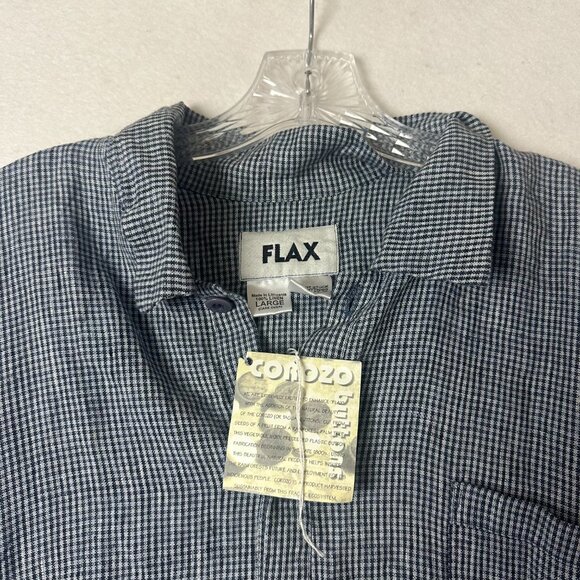 Flax shirt sz L Button Up‎  Short Sleeve blue gingham sustainable buttons linen - Picture 2 of 6